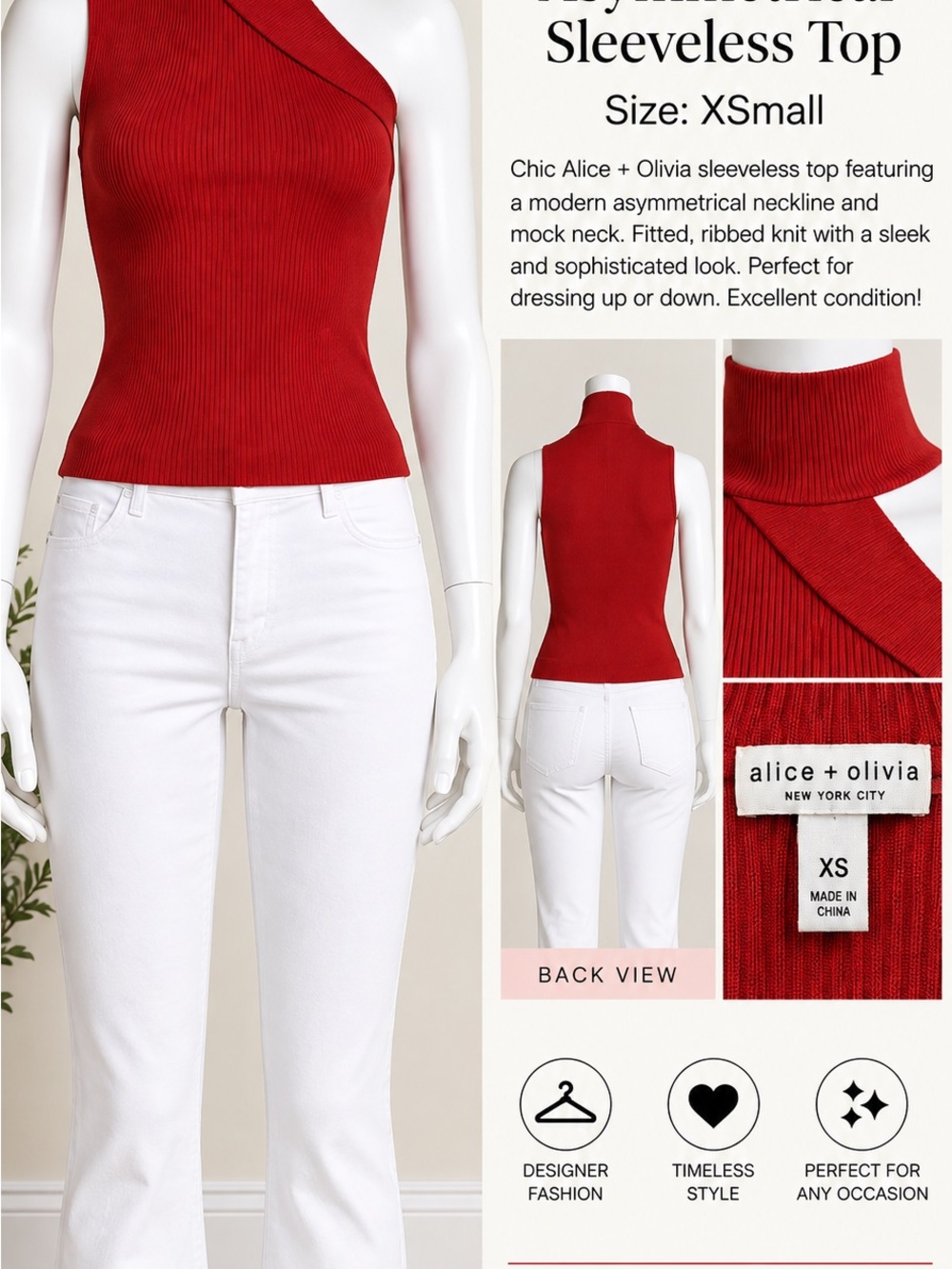 Alice + Olivia Red Ribbed Asymmetrical Sleeveless Top